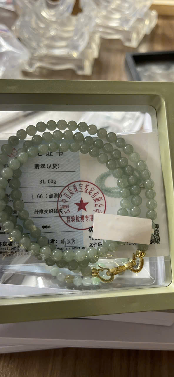 Chuỗi cổ cẩm thạch xanh nhạt 31.00g (kiểm định, khoá vàng)